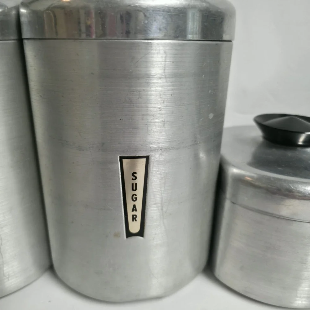 Vintage Kromex Aluminum Canister Set 4pc Flour Sugar Coffee Tea 1950s MCM Retro